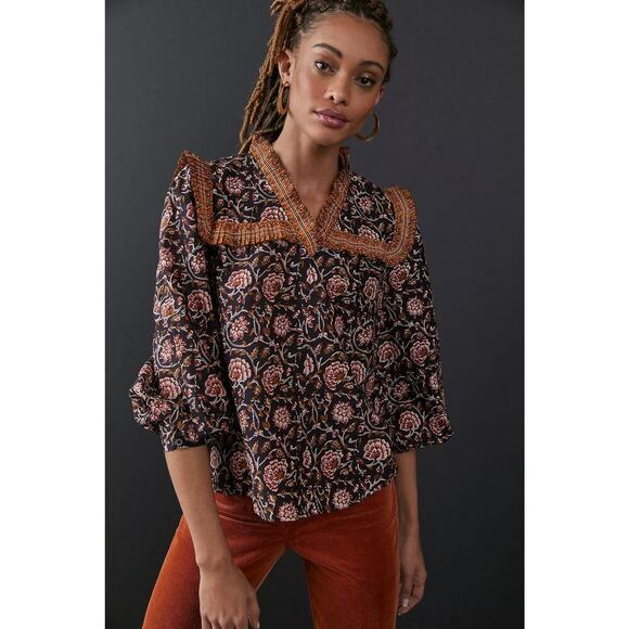 Anthropologie Othilia Sera Ruffled Blouse Black Floral Boho Fall Top Medium - Picture 8 of 8